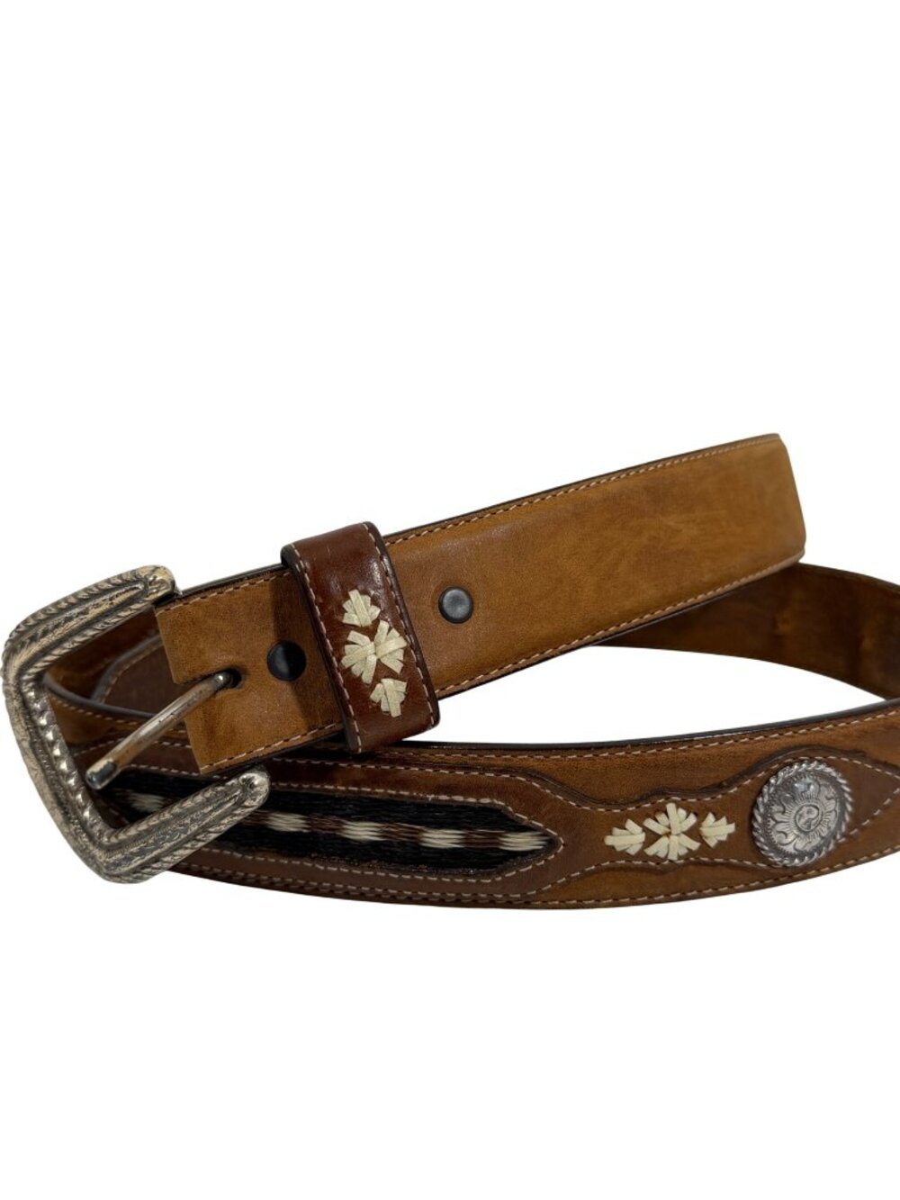 Vintage 1995 Western Silver-Tone Concho Whipstitch Top Grain Leather Belt SZ 42